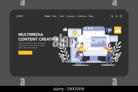 Multimedia Content Creation night or dark mode web or landing page. Unleashing creativity across platforms with dynamic audiovisuals and interactive media. Digital storytelling at its peak. Stock Vector