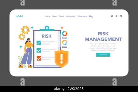 Proactive Risk Management concept. Professional analyzing and checking risks on a clipboard with a protective shield. Flat vector illustration. Stock Vector