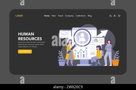 Human resources night or dark mode web or landing page. Executives focusing on talent management, employee development, and motivational strategies. Fostering a productive workplace culture. Stock Vector