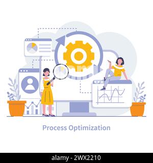 Process optimization concept. Enhancing efficiency in production and business workflows. Strategic improvements to cut costs and elevate performance. Focused operational excellence. Stock Vector