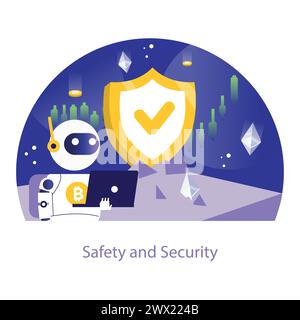 Safety and Security concept. An illustration highlighting the protective measures of crypto trading bots, featuring a shield symbol that ensures secure transactions in the volatile market. Stock Vector