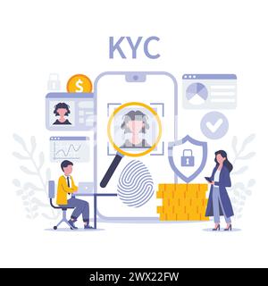 KYC concept. A seamless blend of biometric verification, digital profiles, and financial scrutiny to ensure stringent user authenticity. Flat vector illustration. Stock Vector