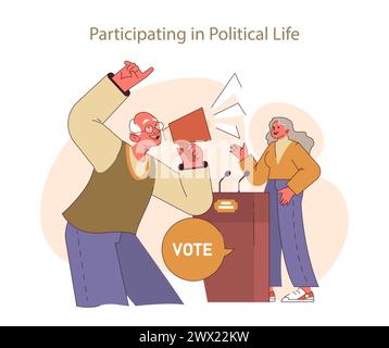 Participating in political life concept. Involved seniors expressing their voices, active in democracy with voting and advocacy. Emphasizing civic duty and rights in society. Stock Vector