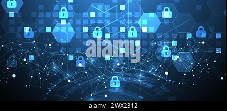 Technological background with isometric ornament. Digital security, information protection. Lock icons in the middle of the hexagon. Stock Vector