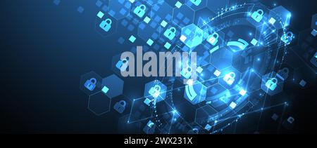 Technological background with isometric ornament. Digital security, information protection. Lock icons in the middle of the hexagon. Stock Vector