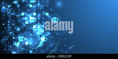 Technological background with isometric ornament. Digital security, information protection. Lock icons in the middle of the hexagon. Stock Vector