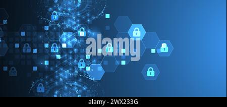 Technological background with isometric ornament. Digital security, information protection. Lock icons in the middle of the hexagon. Stock Vector