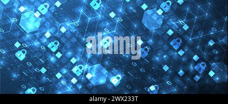 Technological background with isometric ornament. Digital security, information protection. Lock icons in the middle of the hexagon. Stock Vector