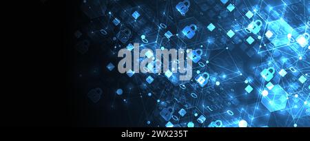 Technological background with isometric ornament. Digital security, information protection. Lock icons in the middle of the hexagon. Stock Vector