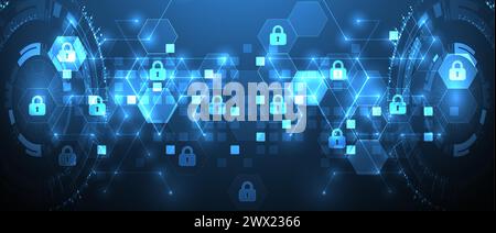 Technological background with isometric ornament. Digital security, information protection. Lock icons in the middle of the hexagon. Stock Vector