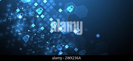 Technological background with isometric ornament. Digital security, information protection. Lock icons in the middle of the hexagon. Stock Vector