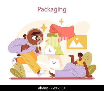 Product Packaging design. Zooming in on quality and branding details. Visual elements that attract and inform consumers. Flat vector illustration. Stock Vector