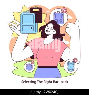 Backpack selection concept. Enthusiastic rucker demonstrates the process of choosing the ideal backpack for outdoor activities. Gear selection for rucking. Flat vector illustration. Stock Vector