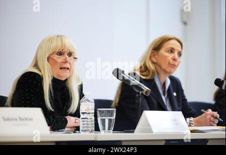 Berlin, Germany. 27th Mar, 2024. Iris Spranger (SPD, l), Senator for the Interior, Digitalization and Sport of Berlin, speaks alongside Barbara Slowik, Berlin Police President, at the press conference to present the police crime statistics and politically motivated crime 2023 in Berlin. Credit: Hannes P. Albert/dpa/Alamy Live News Stock Photo