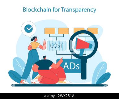 Marketing 5.0 concept. Showcasing blockchain technology as a tool for ensuring transparency in advertising costs. Flat vector illustration. Stock Vector