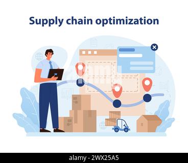 Supply Chain Optimization. Efficient logistics management visualized with real-time tracking and inventory control. Flat vector illustration. Stock Vector