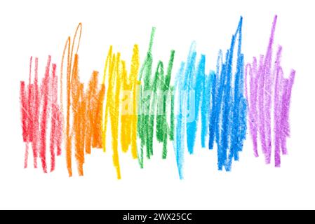 A photo of a rainbow drawn with colored pencils is highlighted on a white background. Stock Photo