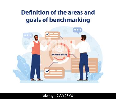 Benchmarking Essentials Vector. Two professionals engaging in strategic planning for benchmarking objectives and scope. Stock Vector