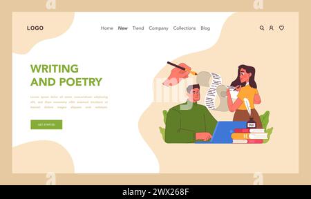 Writing and poetry web or landing. Inspired individuals engaged in the creative process of writing, surrounded by books and ink. Artistic expression through words. Flat vector illustration Stock Vector