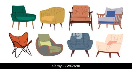 Set of vintage mid century modern armchairs. Stock Vector