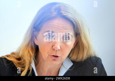 Berlin, Germany. 27th Mar, 2024. Barbara Slowik, Chief of Police of Berlin, speaks at the press conference to present the police crime statistics and politically motivated crime 2023 in Berlin. Credit: Hannes P. Albert/dpa/Alamy Live News Stock Photo