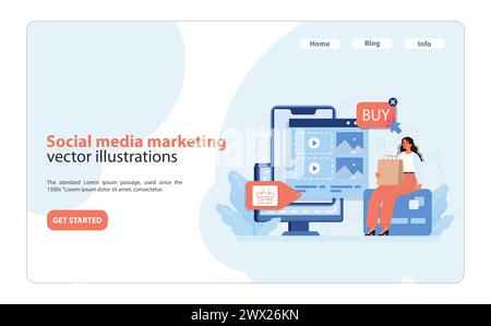 Social Media Marketing Strategy. Engaging online audience with targeted social media advertising. Flat vector illustration of online shopping via social networks. Stock Vector