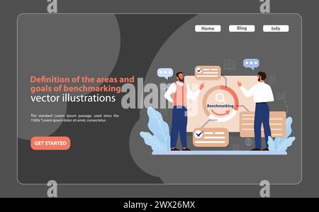 Benchmarking Essentials Vector. Two professionals engaging in strategic planning for benchmarking objectives and scope. Stock Vector