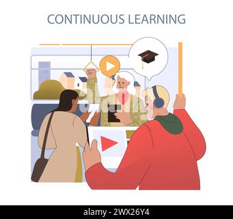 Continuous Learning concept. Diverse individuals engage with educational content on public transit. Lifelong education through digital media. Stock Vector