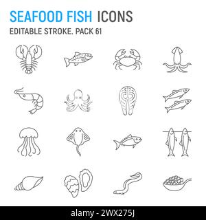 Seafood and fish line icon set, sea animals collection, vector graphics, logo illustrations, ocean animals vector icons, seafood and fish signs, outli Stock Vector