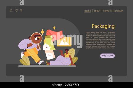 Product Packaging design. Zooming in on quality and branding details. Visual elements that attract and inform consumers. Flat vector illustration. Stock Vector