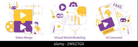 Digital Media Set. Content creation and manipulation. Film editing, virtual interaction, combating misinformation. Expressive bots as multimedia guides. Vector illustration. Stock Vector