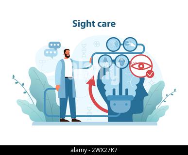 Comprehensive Eye Care Concept. A healthcare professional engages with interactive icons on eye care and vision protection. Flat vector illustration. Stock Vector
