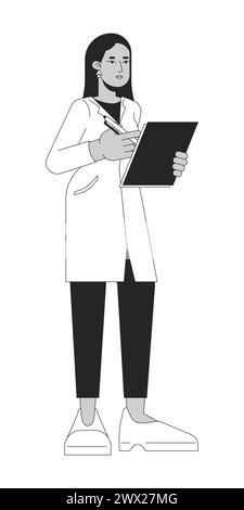 Female doctor with clipboard black and white 2D line cartoon character Stock Vector