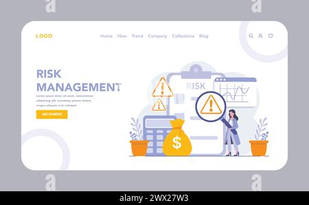 Risk Management web or landing page. A professional evaluating financial uncertainties, with tools for mitigating potential threats. Navigating market dynamics. Vector illustration. Stock Vector