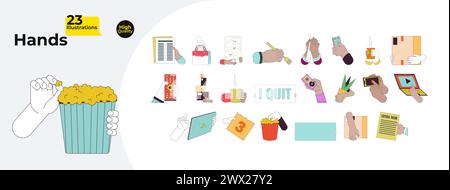 Everyday life linear cartoon hands illustration bundle Stock Vector