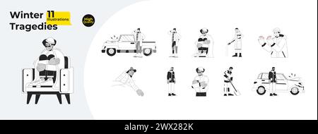 Freezing cold weather black and white cartoon flat illustration bundle Stock Vector