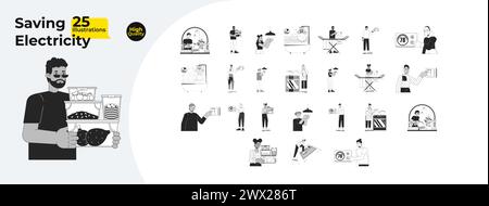 Saving energy at home black and white cartoon flat illustration bundle Stock Vector