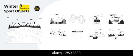 Resort winter season black and white 2D line cartoon objects bundle Stock Vector
