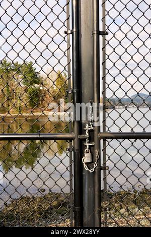 A vertical shot of a serene ocean with colorful trees in the background through a locked chain link fence Stock Photo