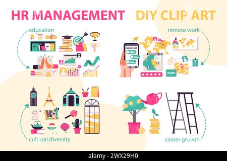 HR management set. Comprehensive employee education visuals. Diverse work culture and remote working icons. Career progression and achievement graphics. Vector illustration. Stock Vector
