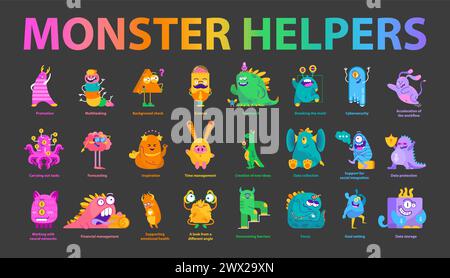 Whimsical Workforce Set. Friendly monsters symbolizing various business concepts from promotion to cybersecurity and data storage. Charming workplace efficiency. Vector illustration. Stock Vector