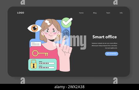 Digital security concept. Woman showcasing advanced biometric verification, fingertip scanning, and password protection. Monitoring personal data safety. Flat vector illustration. Stock Vector
