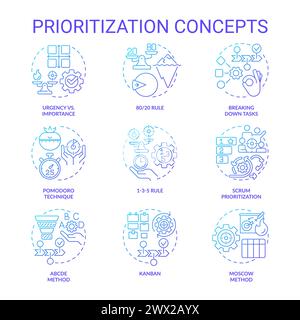 Prioritization techniques blue gradient concept icons Stock Vector