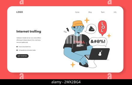 Mischievous online troll revels in chaos, gleefully typing away on his laptop. The playful smirk and show he's no novice at this game. Flat vector illustration Stock Vector