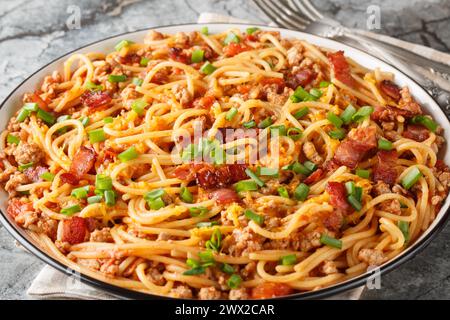 Delicious spaghetti with bacon, minced meat, cheddar cheese, onion and spicy tomato sauce close-up in a plate on the table. Horizontal Stock Photo