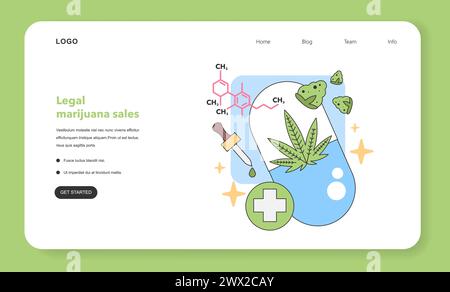 Medical cannabis research concept. Chemical formula with dropper, cannabis leaf, and gummies. Therapeutic applications. Flat vector illustration. Stock Vector