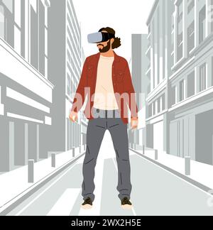 Man in VR headset standing in futuristic city. Stock Vector