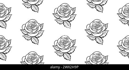 Seamless pattern with roses and leaves. Seamless pattern with flowers. Black and white vector illustration. Stock Vector