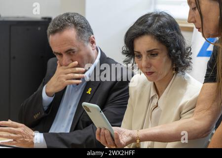 Israel's Foreign Affairs Minister Yisrael Katz (L) and Foreign minister Hadja Lahbib pictured during a meeting with the relatives of the Israeli hostages, in Sderot, on the first day of a diplomatic mission to Israel and the Palestinian territories, Wednesday 27 March 2024. She will call for an immediate ceasefire in the ongoing war of Israel in the Gaza strip, the release of the hostages following the Hamas attack in October, and for a two-state solution. According to the minister, there is still hope for a ceasefire before the end of Ramadan in April. She will also reiterate that Belgium is Stock Photo