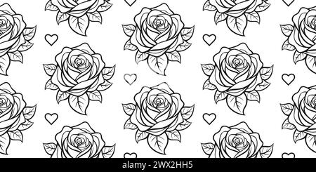 Seamless pattern with hand drawn black roses on white background. Seamless pattern with flowers. Vector illustration. Stock Vector